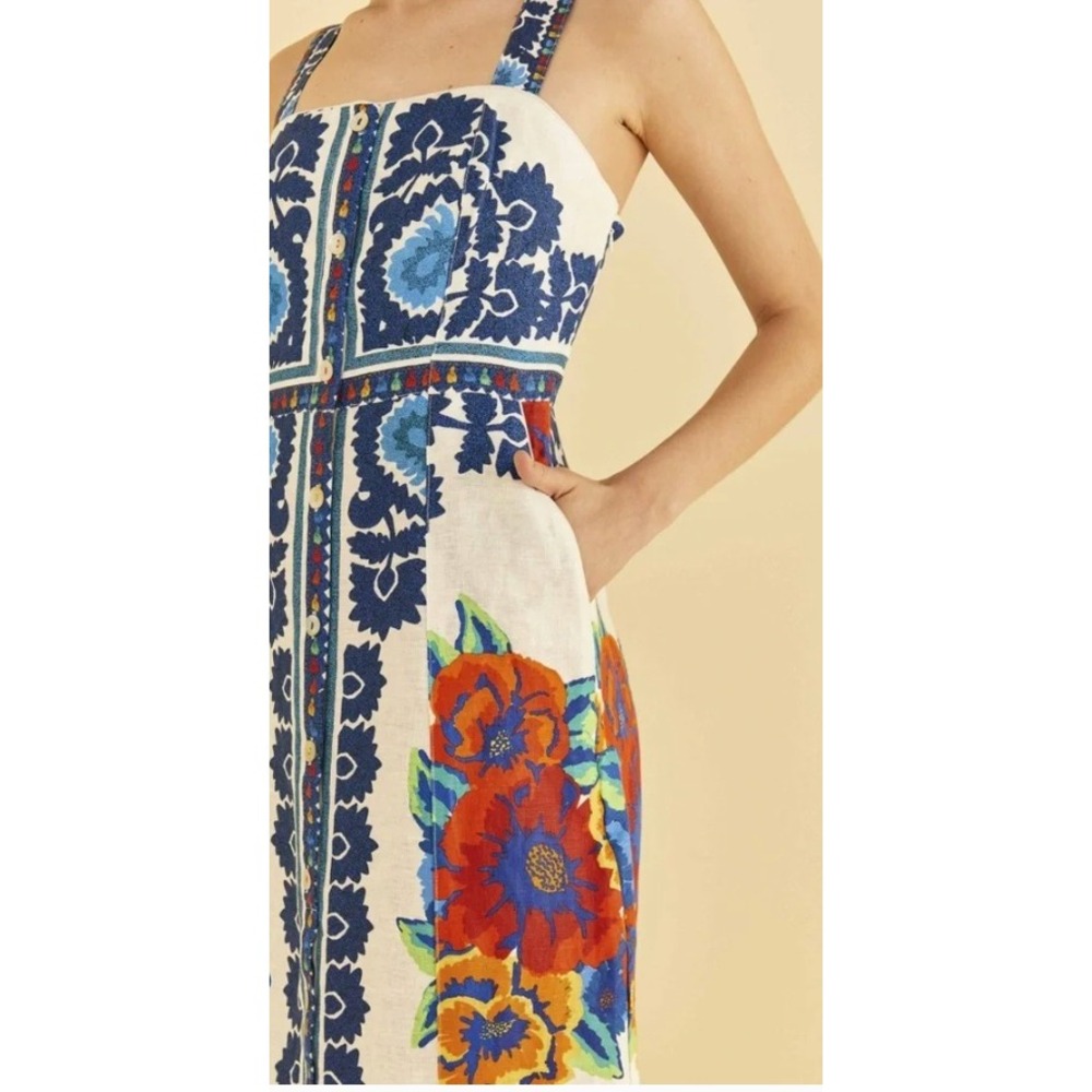Farm Rio Flower Tapestry Off-White Midi Dress Blue Floral Button Front NWT M - Picture 2 of 11